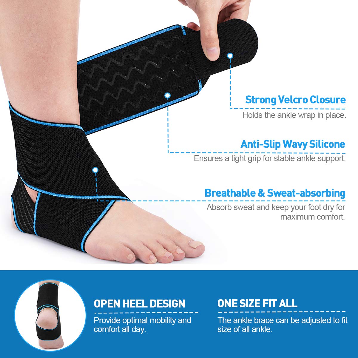 WASPO Adjustable Ankle Support Brace Wrap - 360° Compression Stabilizer for Sports, Plantar Fasciitis, Achilles Tendonitis & Injury Recovery - Breathable Anti-Slip Strap, One Size Men Women