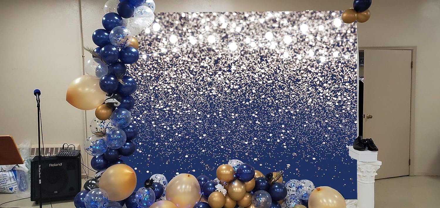 Deeying 8x6ft Royal Blue & Silver Glitter Photography Backdrop - Bokeh String Lights Photo Booth Background for Birthday, Wedding, Prom, Graduation, New Year Party Banner