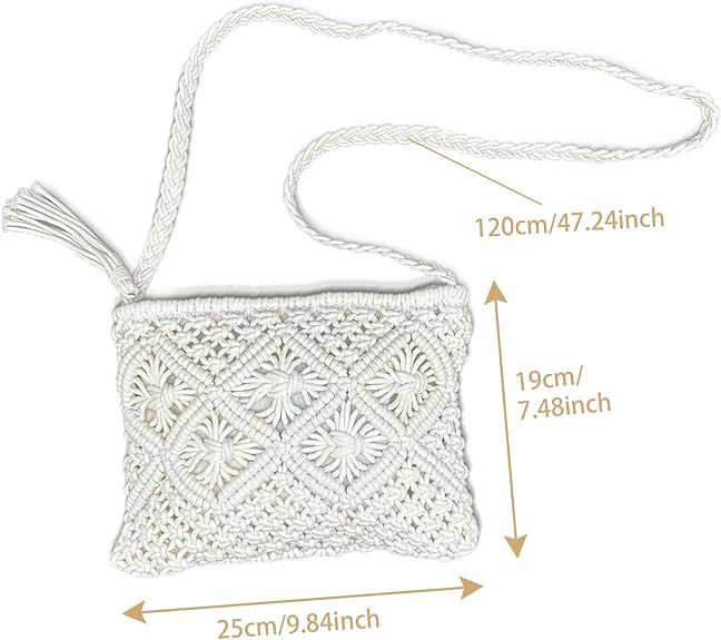 MIVAIUN White Handmade Macrame Crossbody Bag – Boho Woven Straw Beach Shoulder Bag with Zipper & Tassel, Small Summer Holiday Clutch Purse for Women