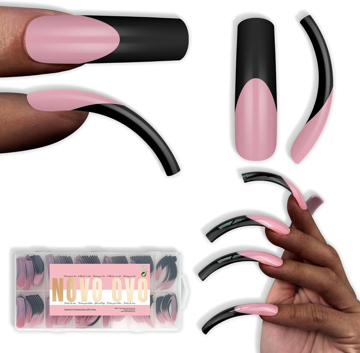 Novo Ovo Halloween Black French Tip Nail Tips - Xxl Curved Square Berry Pink Press On Nails, 144 Pcs Extra Thick Long Acrylic Fake Nails, 12 Sizes Full Cover Extension Kit