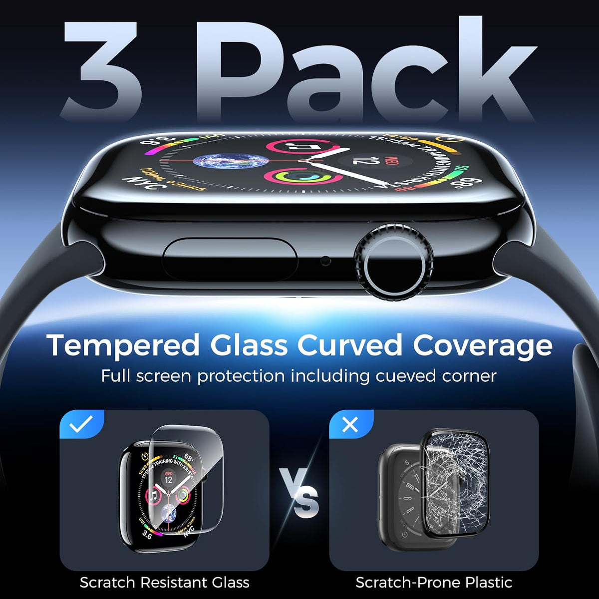 Kopration 41mm Apple Watch screen protector 3-pack with 3D curved tempered glass, bubble-free, includes install tool for Series 9/8/7