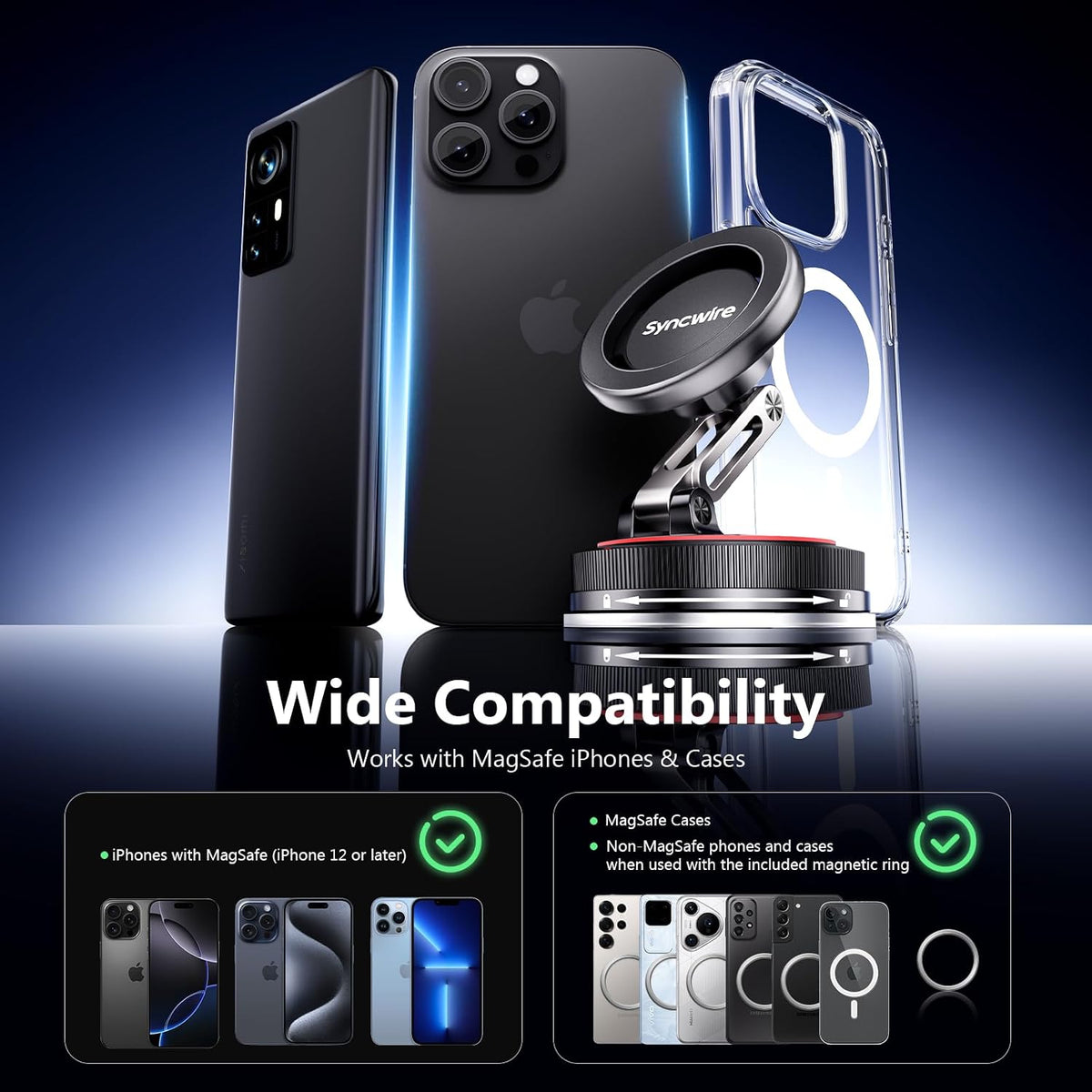 Syncwire MagSafe car mount in matte black with 2-axis foldable design and 360° rotation for dashboard or windscreen.