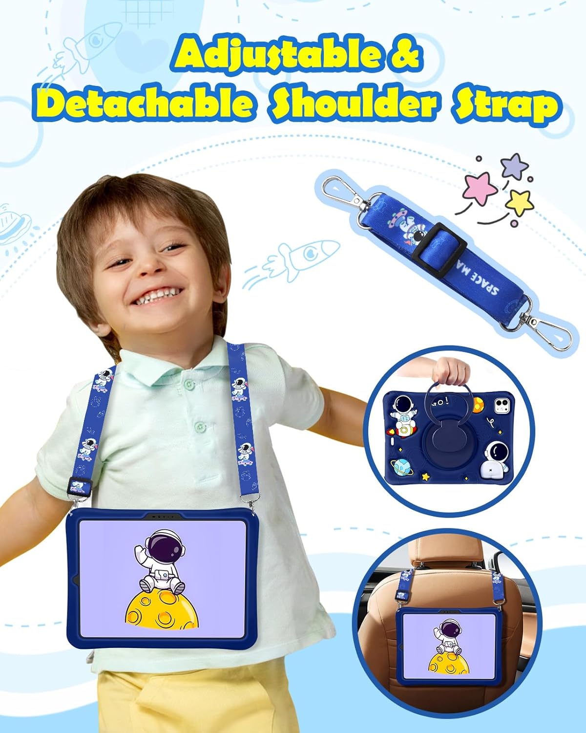 SurgeCraft Cute Astronaut Case for iPad Pro 11 Inch M4 (2024) - Soft Silicone, Shoulder Strap & 360° Rotating Stand - Kawaii Cover for Kids, Teens, Boys & Girls (Model A2836, A2837, A3006) - Zeta Store