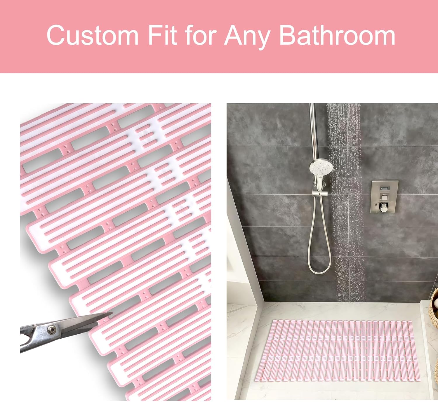 Pink Yokupotac extra long non-slip shower mat with suction cups and drainage, designed for elderly safety in bath or shower.