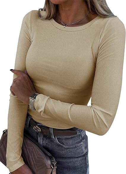 Smile Fish Women’s Ribbed Long Sleeve Crewneck T-Shirt - Slim Fit Stretch Basic Top in Red, Black, White, Green, Brown, Beige