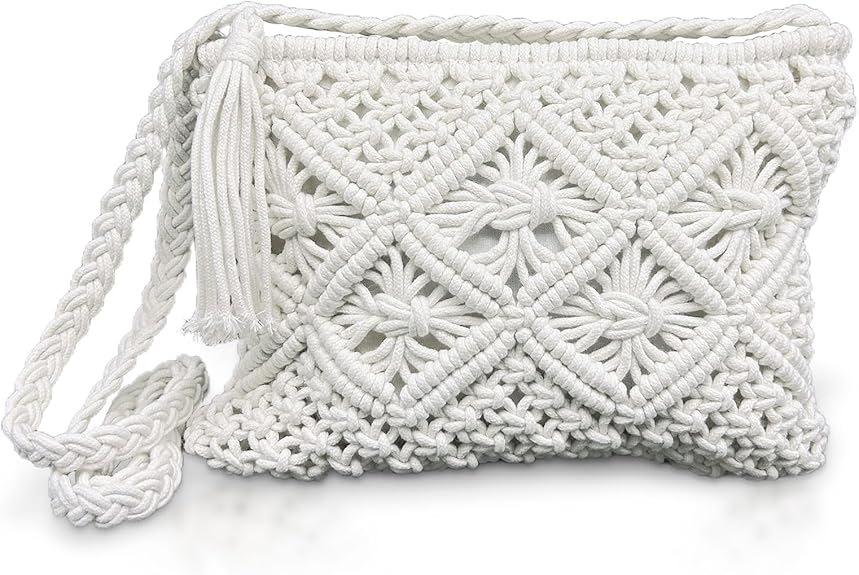 MIVAIUN White Handmade Macrame Crossbody Bag – Boho Woven Straw Beach Shoulder Bag with Zipper & Tassel, Small Summer Holiday Clutch Purse for Women