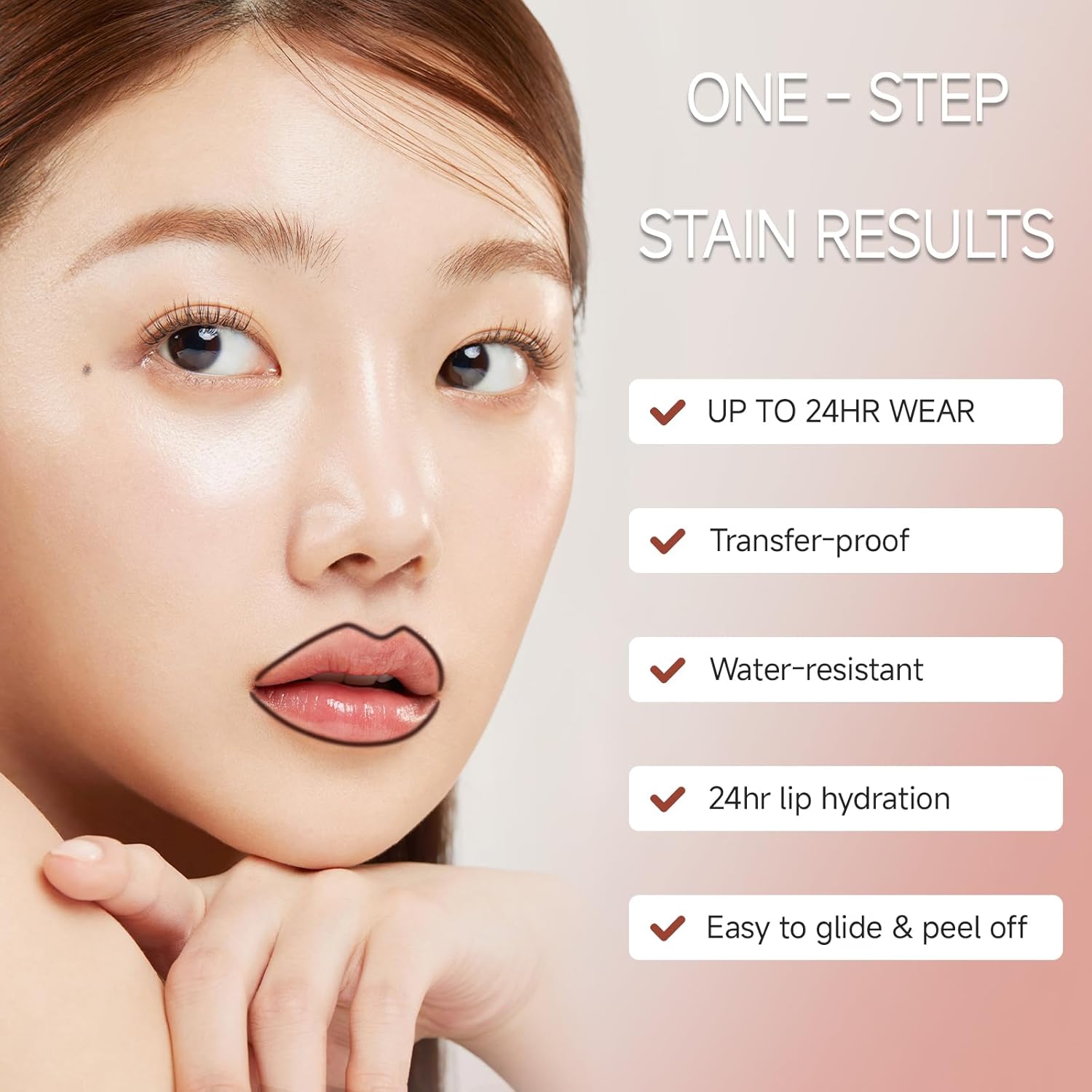 Kissio Lip Liner Stain and Lip Care Oil set with peel-off, transfer-proof 24HR matte lip stain in Gray Pink, waterproof and long-lasting.