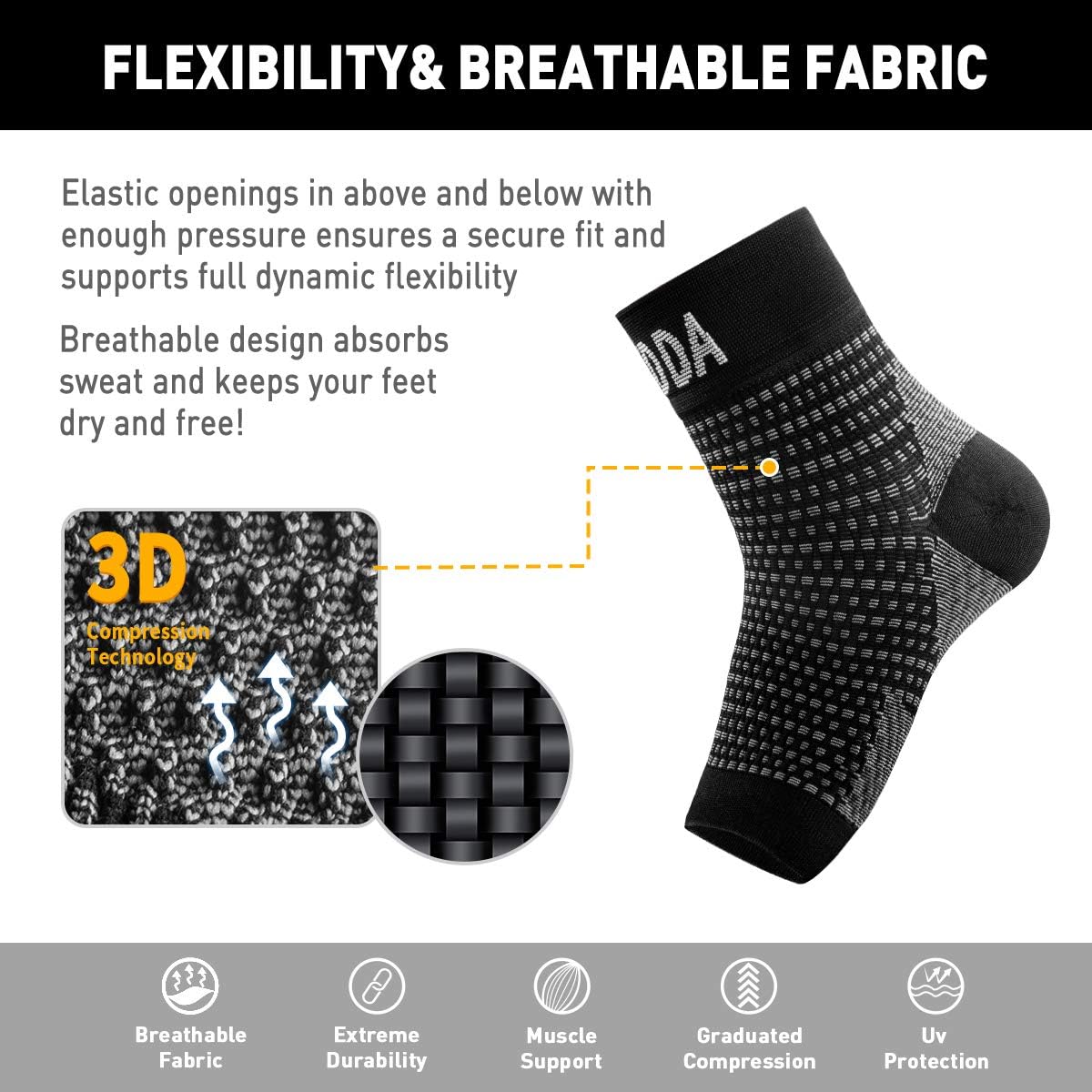 AVIDDA Plantar Fasciitis Socks in black, compression foot sleeve with ankle support for heel spurs, arch pain, and Achilles tendinitis.