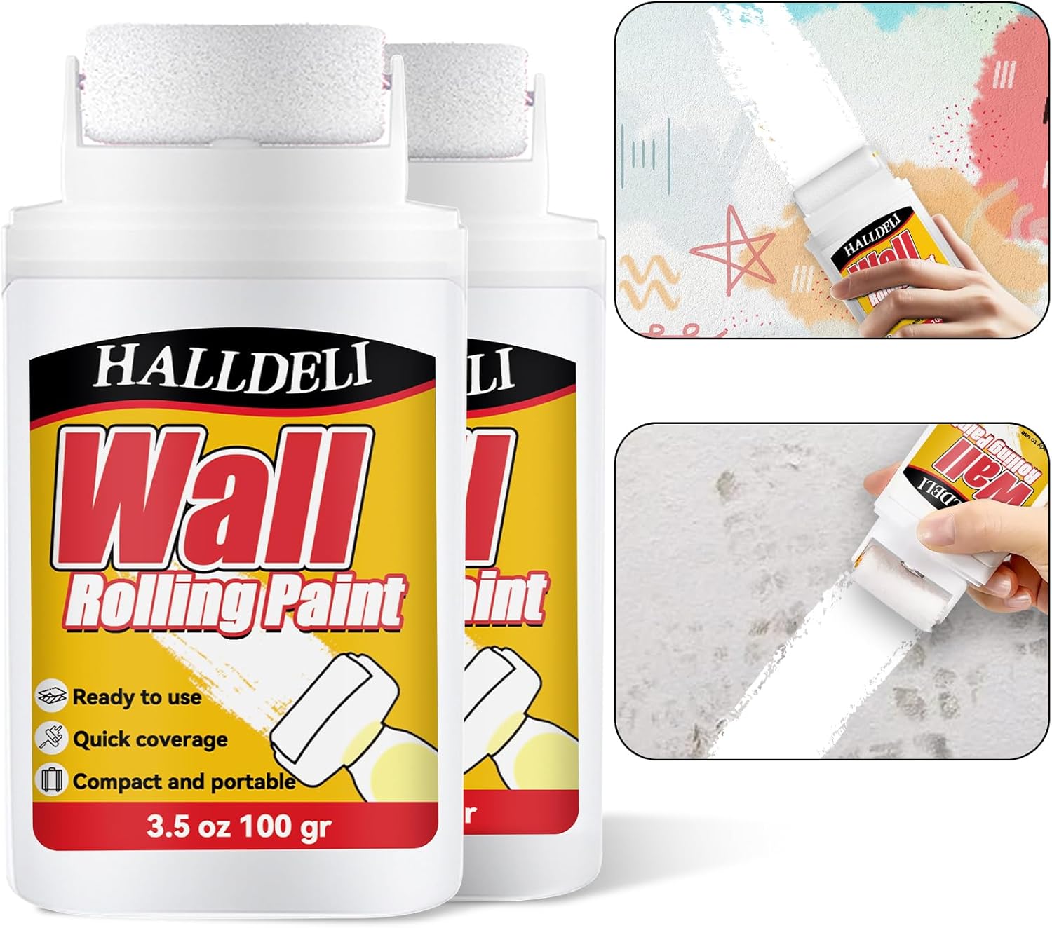 Halldeli All-in-One Wall Repair Rolling Paint | 2-Pack (200g each) | Quick-Dry White Paint for Walls | Covers Stains, Cracks & Graffiti | Brand New Barn Bargain! - Zeta Store