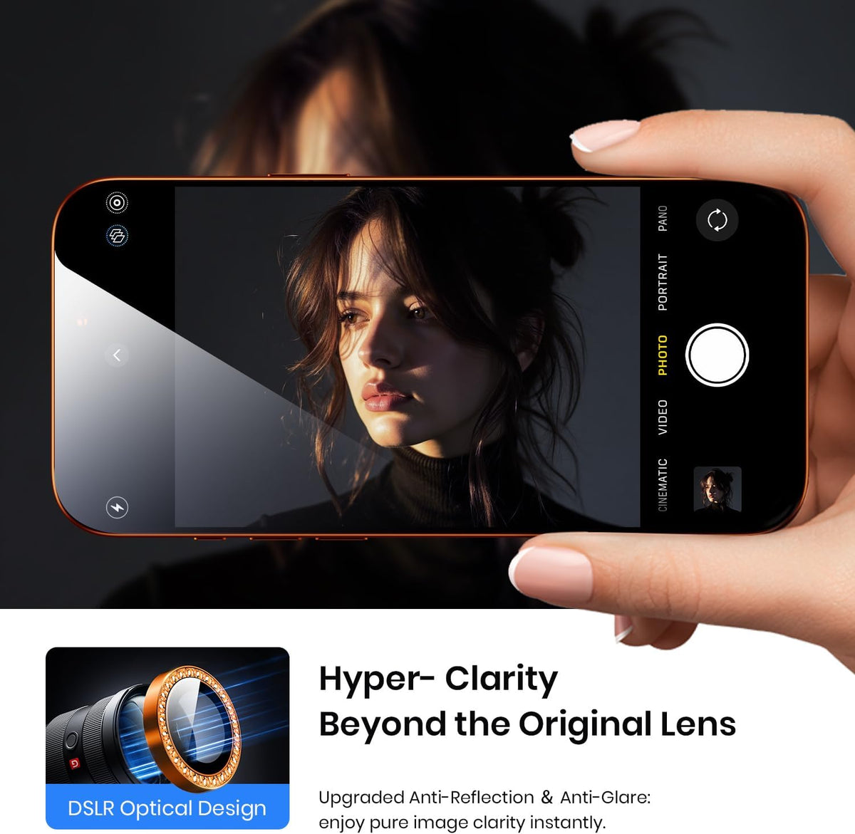Hoerrye glitter orange camera lens protector for iPhone 17 Pro Max and 17 Pro, with 9H tempered glass, bling diamond ring, and metal cover