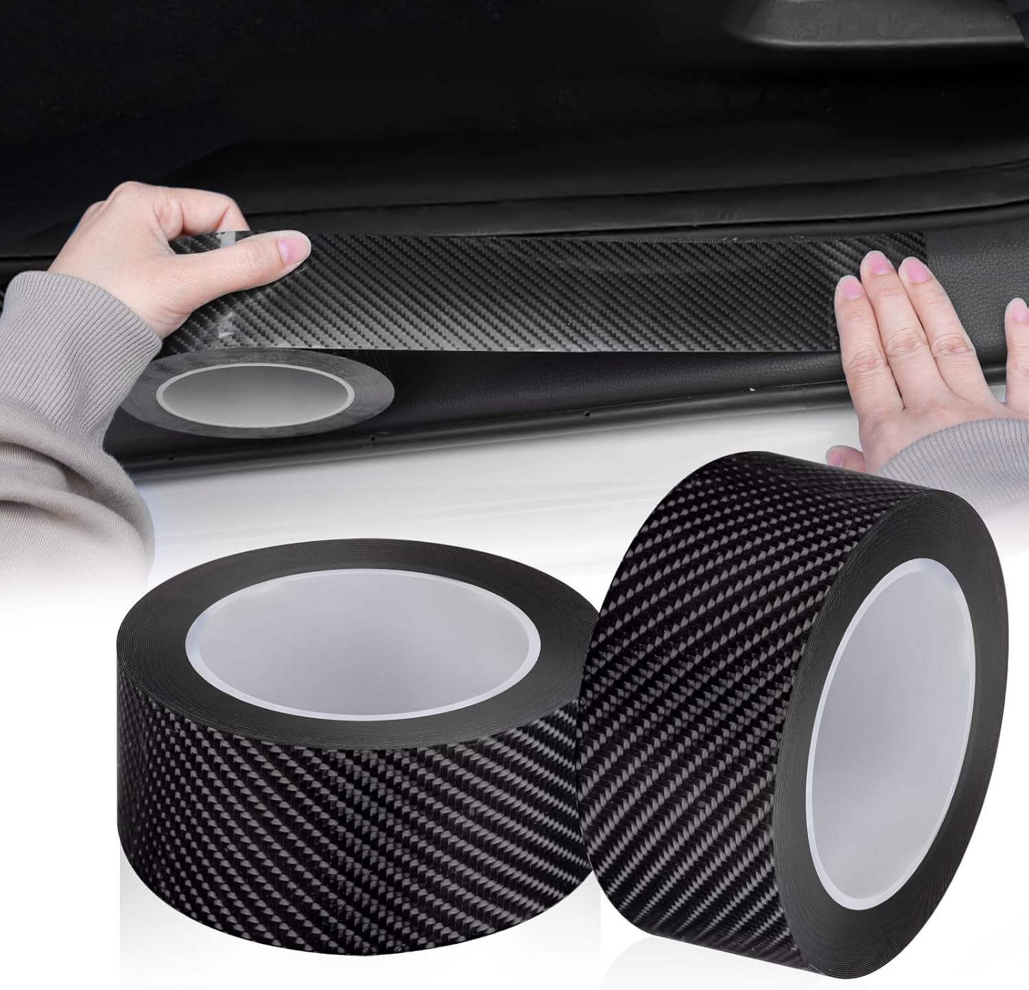 EINESIN 5D Carbon Fiber Car Door Edge Guard Tape 2-Pack - 0.6mm Thickened Waterproof Anti-Scratch Sill & Bumper Protector, 33FT x 2in, Universal Fit