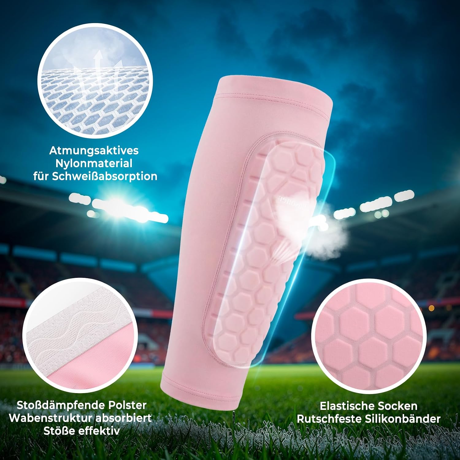 Bosoner Shin Pads Guards Size M - Pink Honeycomb Sleeve Football Socks - Lightweight, Breathable Shin Protection For Football, Rugby, Skateboarding - Boys Girls Teens Adults