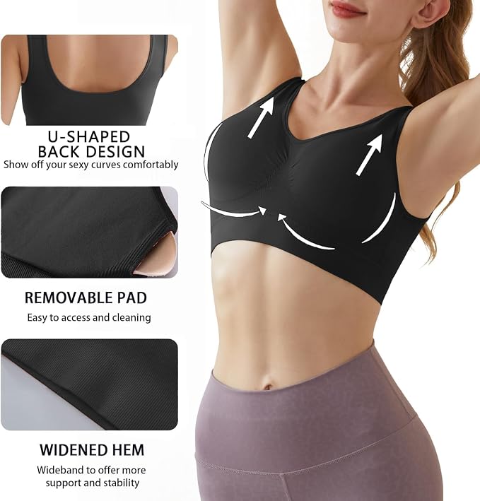 Memoryee Women's Seamless Sports Bra - Wire Free Padded Push Up Crop Top - Yoga Running Gym