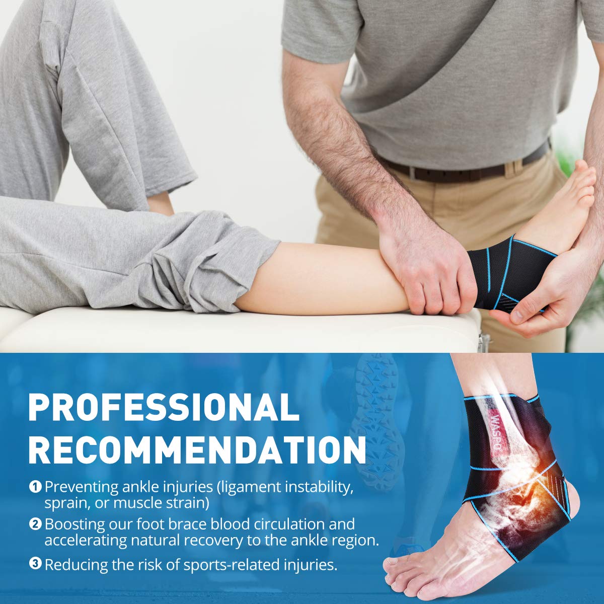 WASPO Adjustable Ankle Support Brace Wrap - 360° Compression Stabilizer for Sports, Plantar Fasciitis, Achilles Tendonitis & Injury Recovery - Breathable Anti-Slip Strap, One Size Men Women
