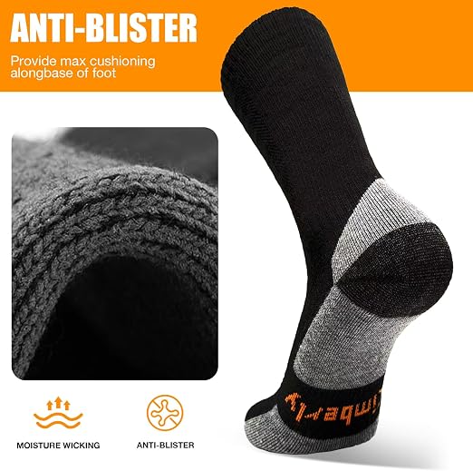 KACIIXAA Merino Wool Thermal Hiking Socks 3-pack in black and grey, thick cushioned winter boot socks for men and women.