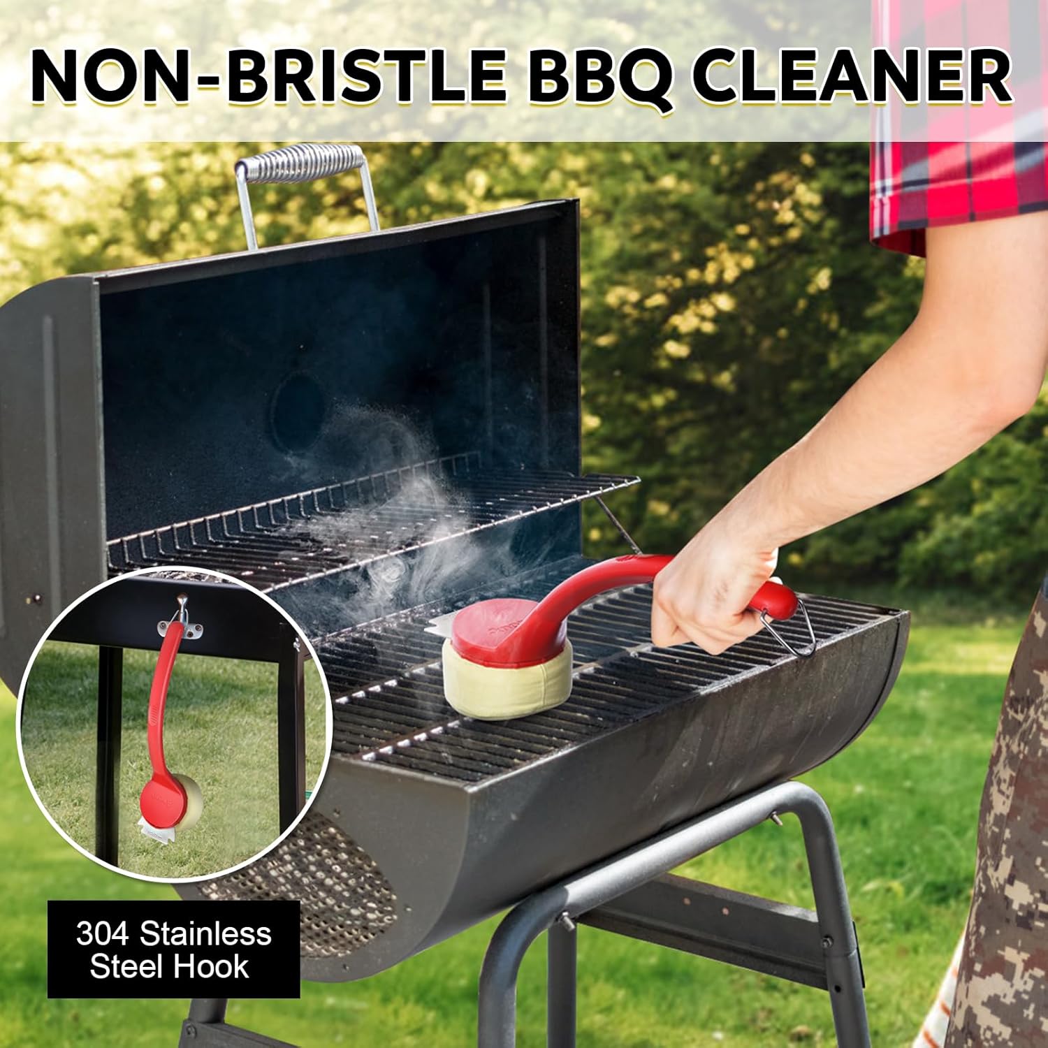 Anpro bristle-free BBQ brush with 16.5-inch stainless steel handle and non-slip grip for safe, effective grill cleaning