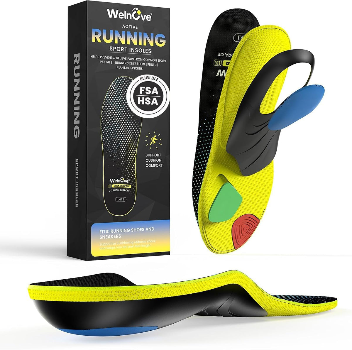 Welnove Active Running Sport Insoles Size L (Black) - Plantar Fasciitis Relief, Strong Arch Support & Shock Absorption Orthotics