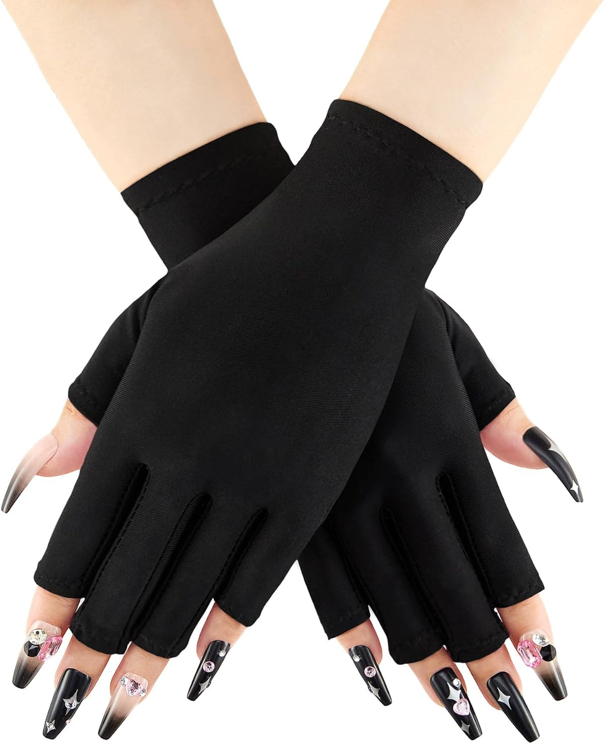 Black Cooljob UV protection gloves for gel nails, fingerless anti-UV gloves with UPF50+ for manicure nail lamp use, 1 pair.