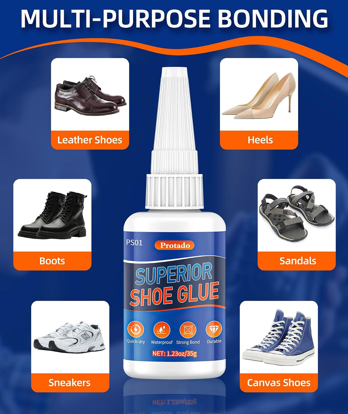 Protado PS01 Super Shoe Glue – 2x35g Pack – Heavy Duty, Waterproof, Fast Drying – Sneakers, Boots, Soles, Heels