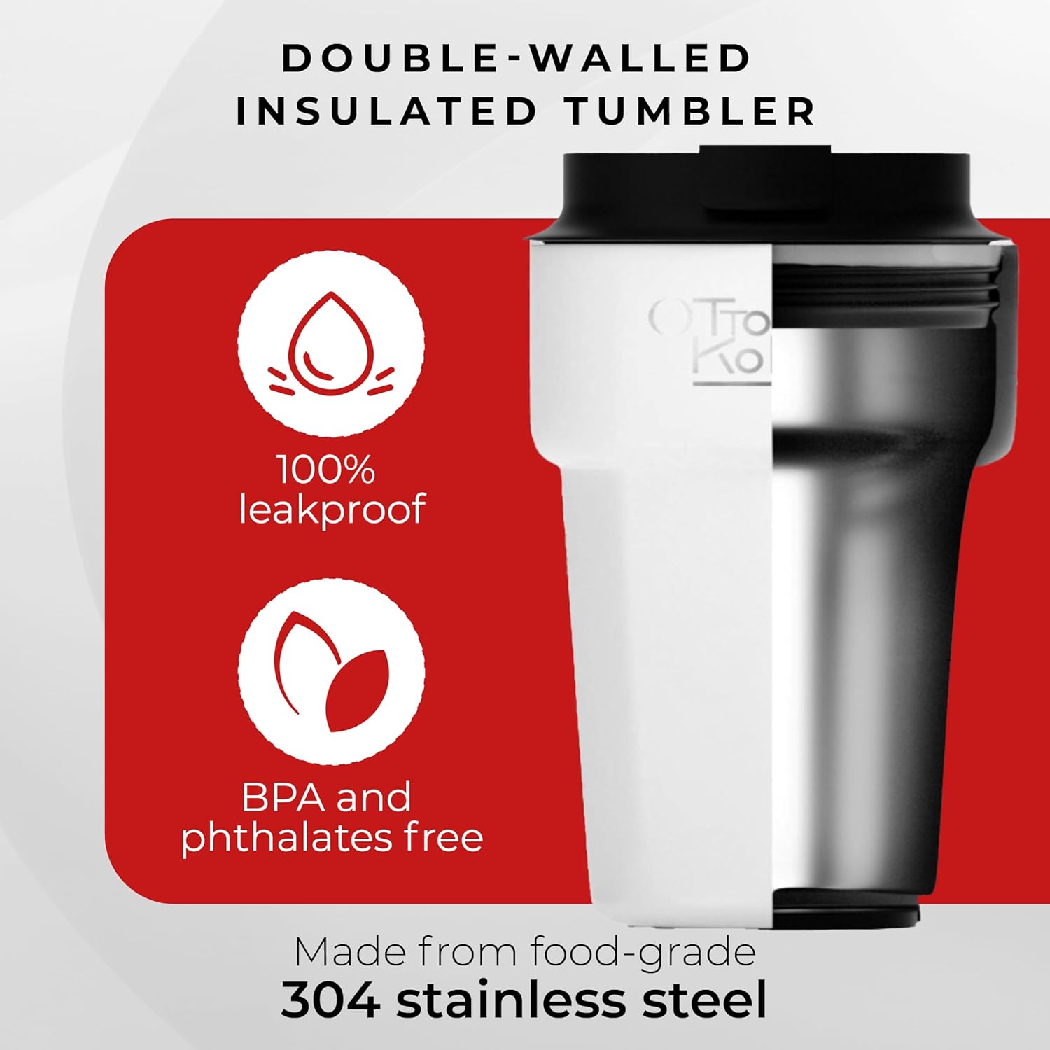 Otto Koning 12oz leakproof travel mug by Thermos, BPA-free, fits cup holders, keeps drinks hot or cold for 4 hours, black design