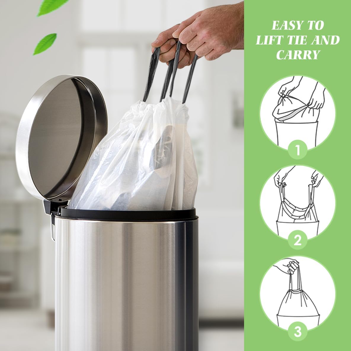 Set of 75 white small bin liners with drawstring ties for 20-25L trash bins, strong and durable for everyday waste disposal.