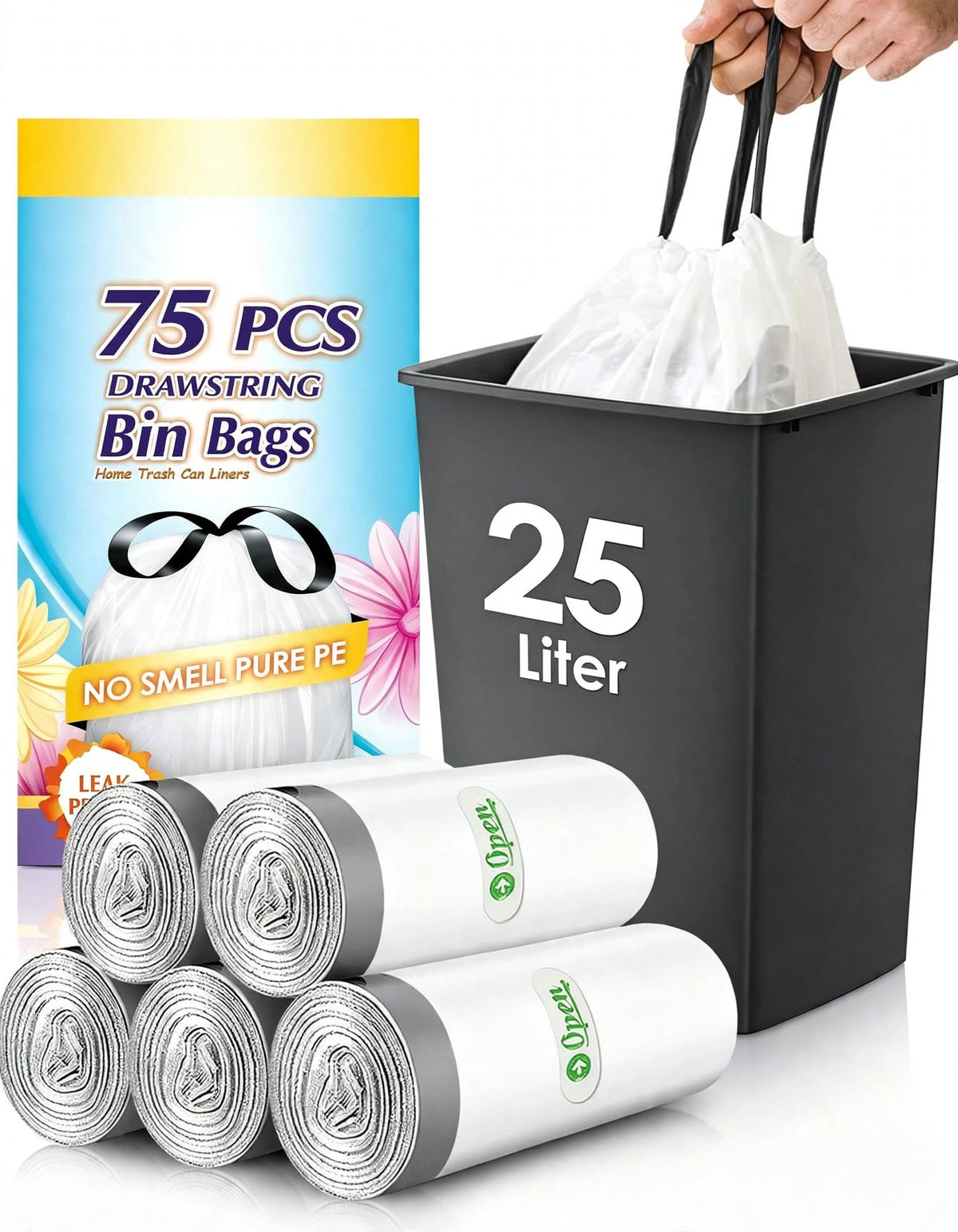 Set of 75 white small bin liners with drawstring tie for 20-25L pedal bins, durable and strong, measuring 20.4x20.4 inches.