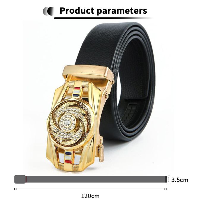 Kerloze men's leather belt with automatic buckle, gold-tone finish, rhinestone detail, suitable for business and casual wear.
