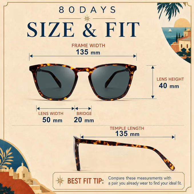 80Days Unisex Classic Retro Square Sunglasses - UV400 Protection - Vintage Travel Style - For Driving, Holidays & Everyday - Black