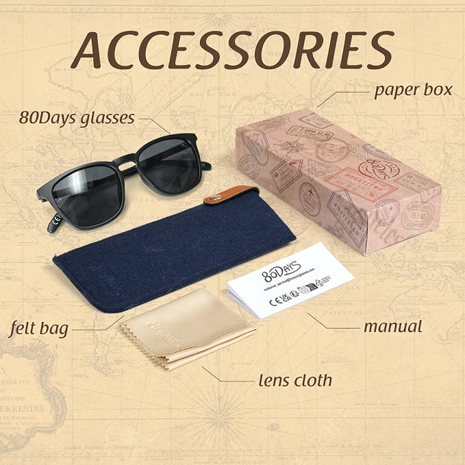80Days Unisex Classic Retro Square Sunglasses - UV400 Protection - Vintage Travel Style - For Driving, Holidays & Everyday - Black