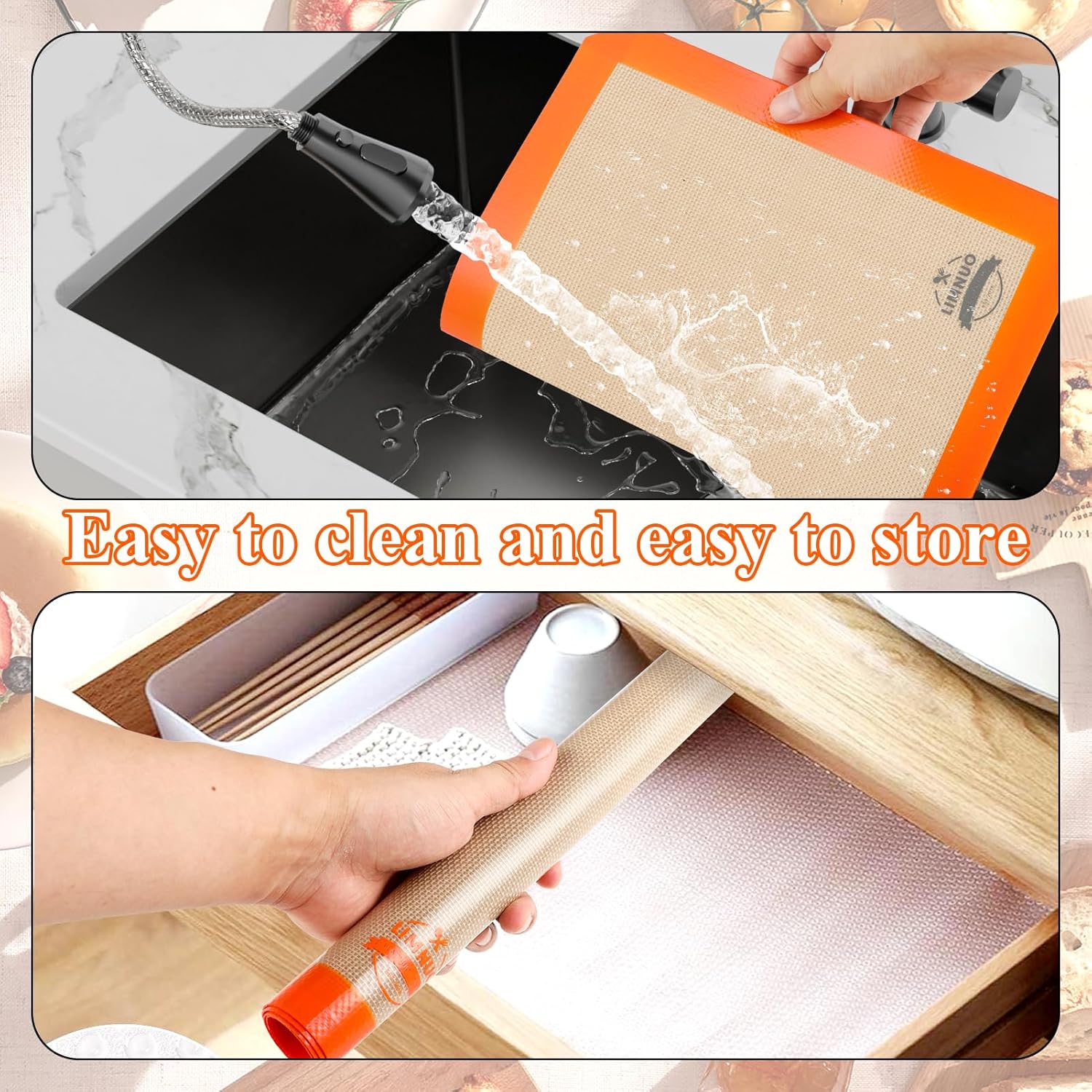 LIMNUO Silicone Baking Mat Set of 3 – Non-Stick, Reusable Oven Liners for Baking Sheets – 2 Large + 1 Small Mats – Food Grade Silicone – Orange