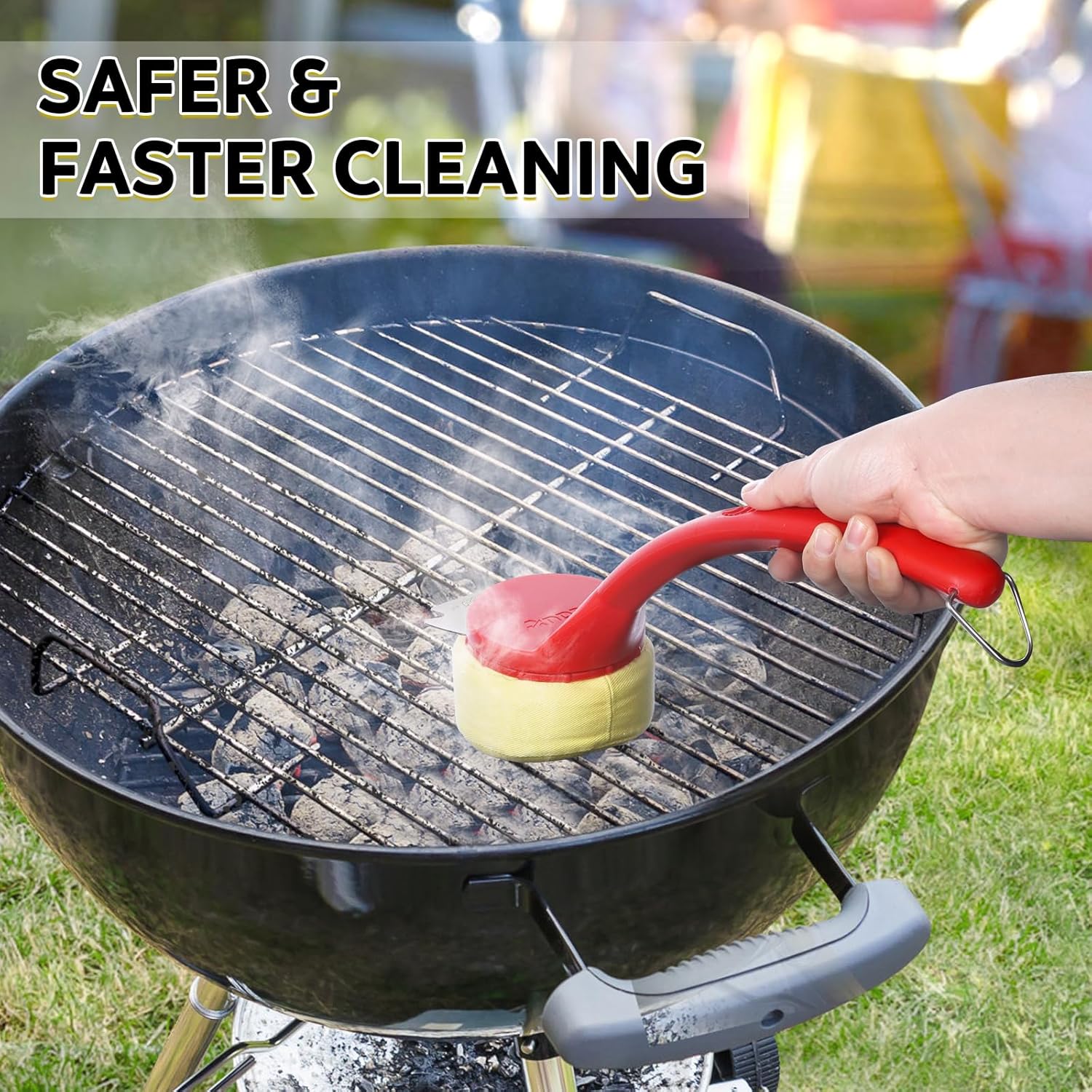 Anpro bristle-free BBQ brush with 16.5-inch stainless steel handle, non-slip grip, designed for safe, effective grill cleaning.
