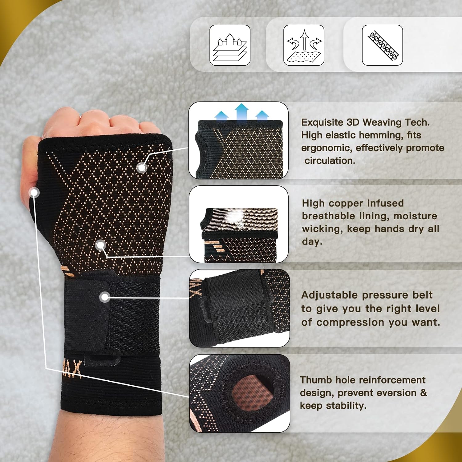 Indeemax copper-infused wrist support brace with adjustable compression for left or right hand, ideal for carpal tunnel and tendonitis relief