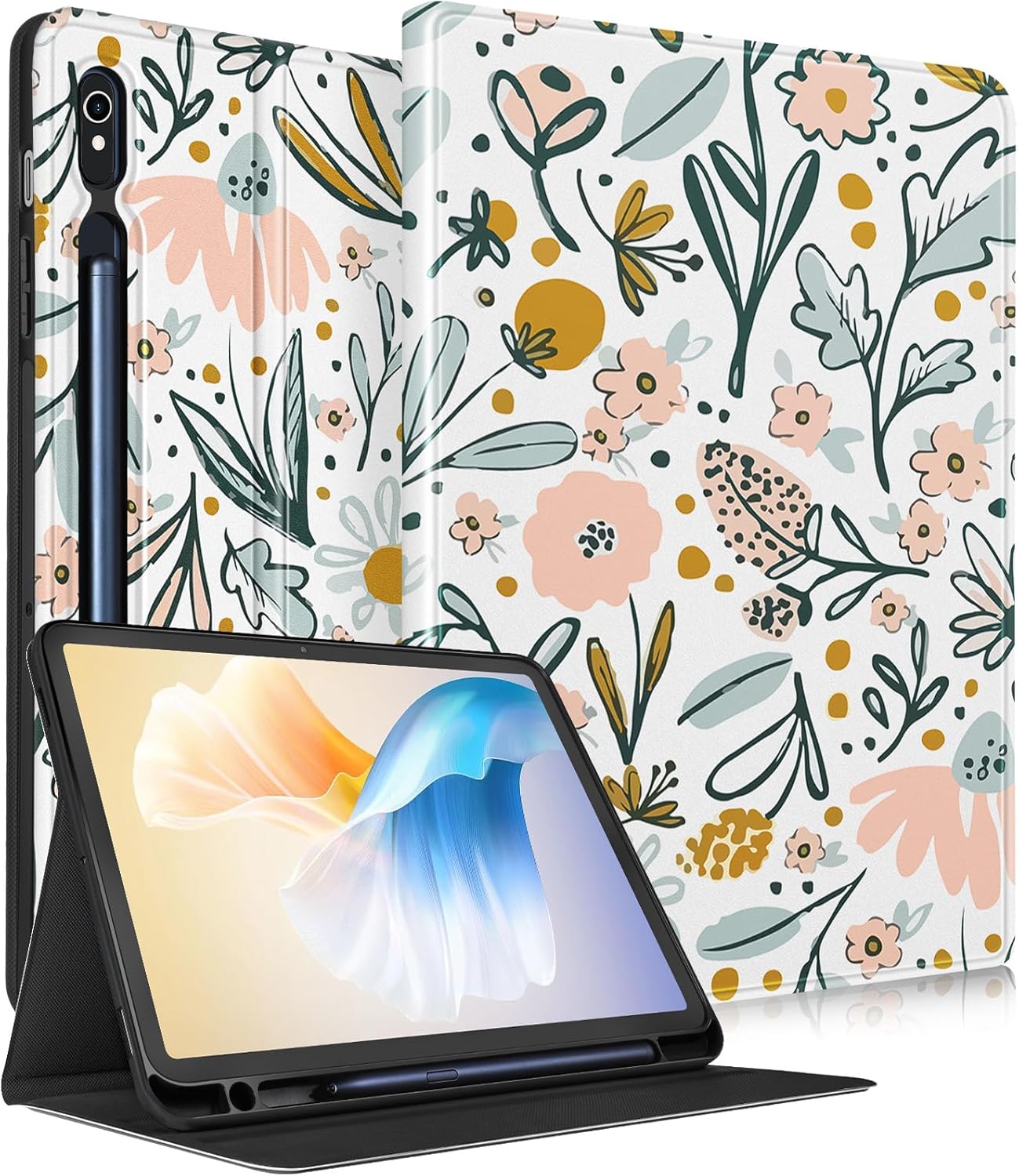 SurgeCraft Floral Fantasy Stand Case for Samsung Galaxy Tab S9 FE/S9/S10 FE - Auto Wake/Sleep Cover with Pencil Holder & Multi-Angle Stand (Kawaii Cute Flower Design) - Zeta Store