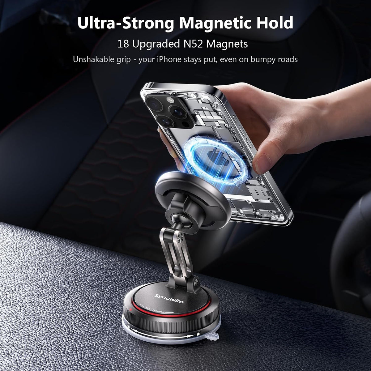 Syncwire MagSafe car mount in matte black with 2-axis foldable design and 360° rotating magnetic phone holder on dashboard.