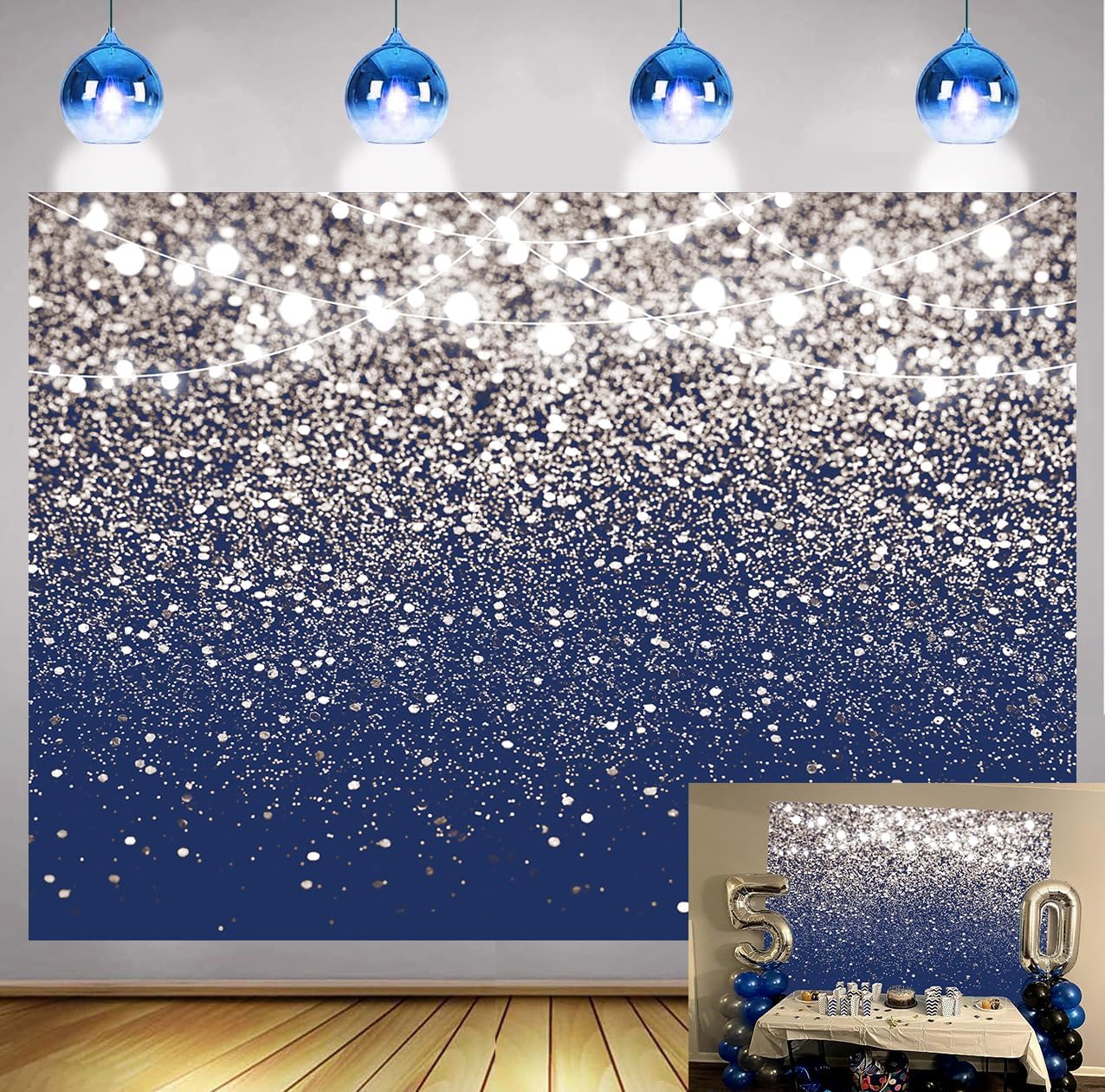 Deeying 8x6ft Royal Blue & Silver Glitter Photography Backdrop - Bokeh String Lights Photo Booth Background for Birthday, Wedding, Prom, Graduation, New Year Party Banner