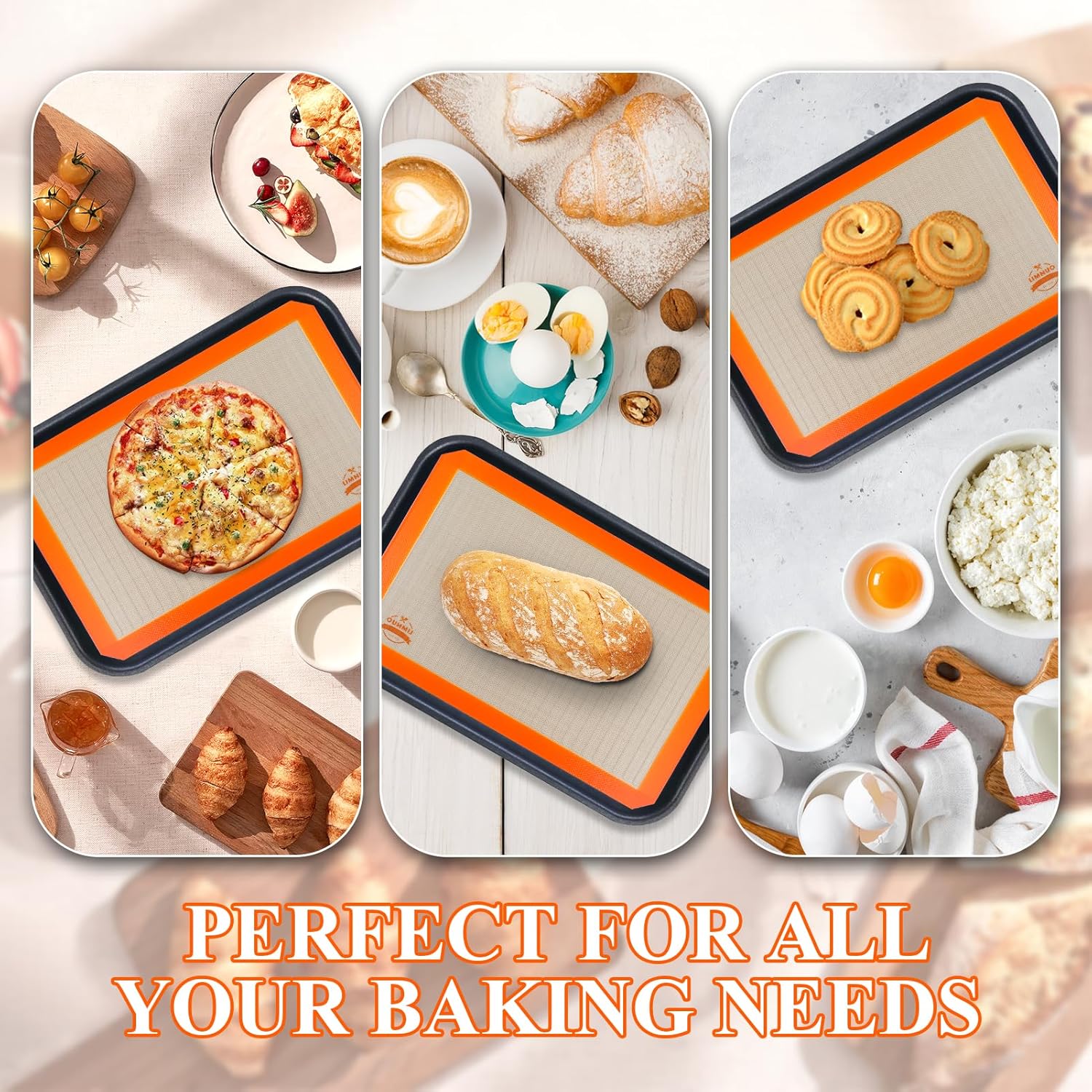 LIMNUO Silicone Baking Mat Set of 3 – Non-Stick, Reusable Oven Liners for Baking Sheets – 2 Large + 1 Small Mats – Food Grade Silicone – Orange