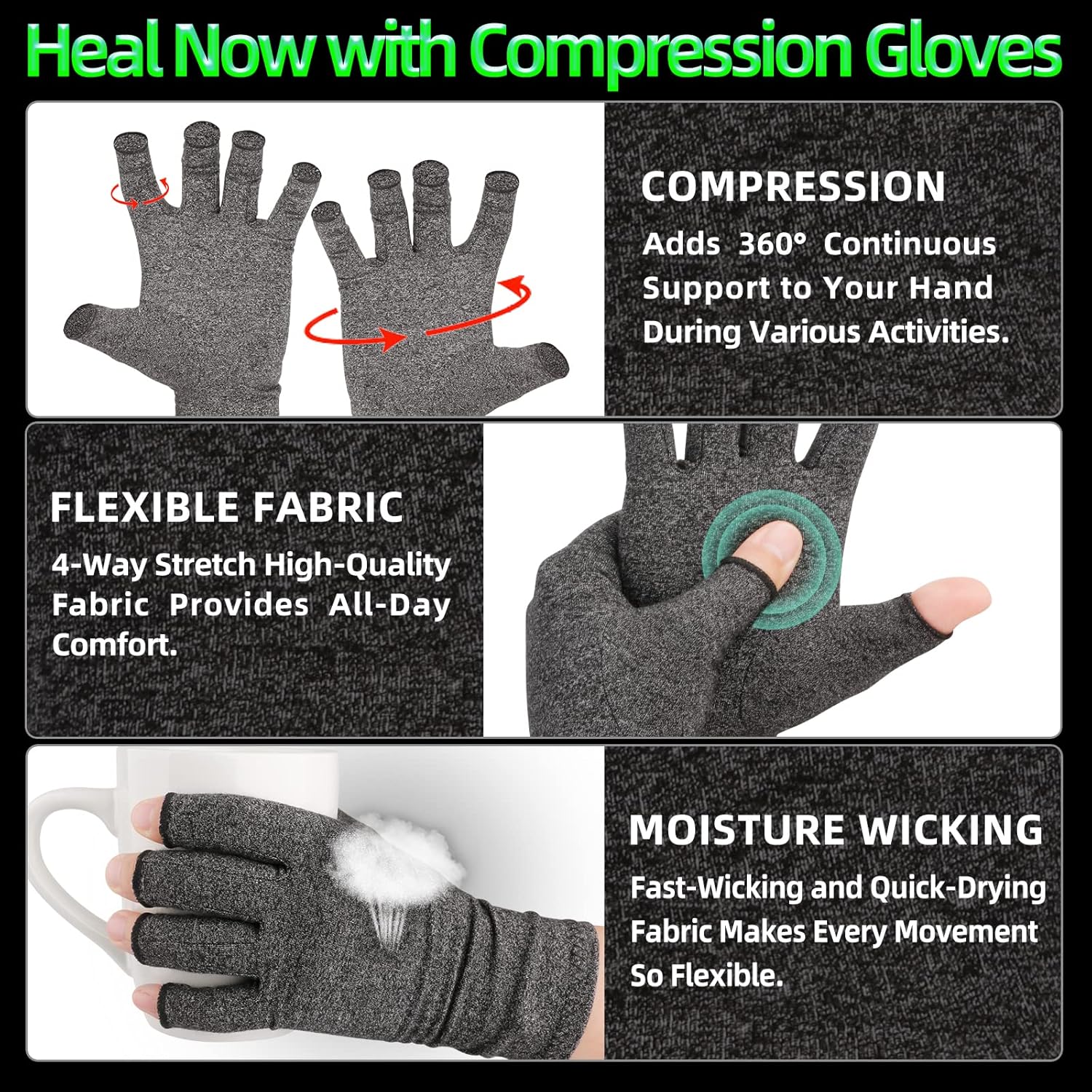 LetsLife Arthritis Compression Gloves for Women &amp; Men - Fingerless Joint Support Gloves for Pain Relief, Carpal Tunnel, Tendonitis, Breathable Cotton Blend