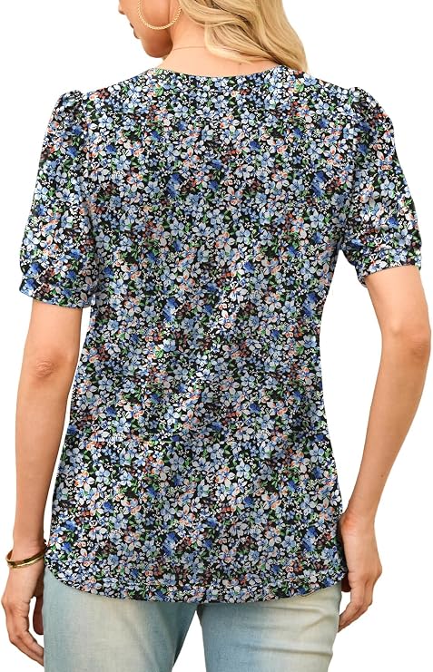 Grecerelle Womens Floral Top - V Neck Puff Short Sleeve Tunic Blouse - Black Anemone Print - Summer Casual Tee