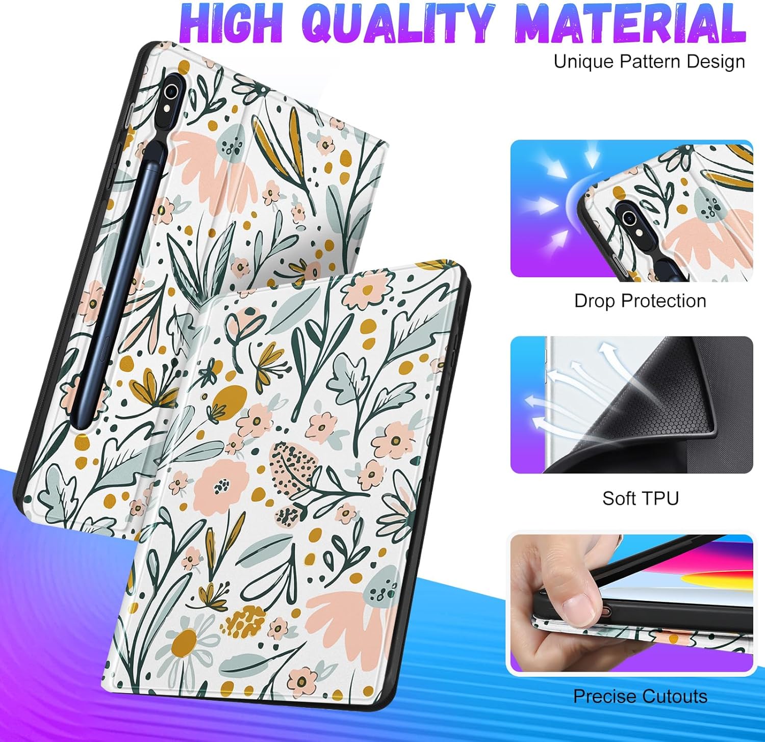 SurgeCraft Floral Fantasy Stand Case for Samsung Galaxy Tab S9 FE/S9/S10 FE - Auto Wake/Sleep Cover with Pencil Holder & Multi-Angle Stand (Kawaii Cute Flower Design) - Zeta Store