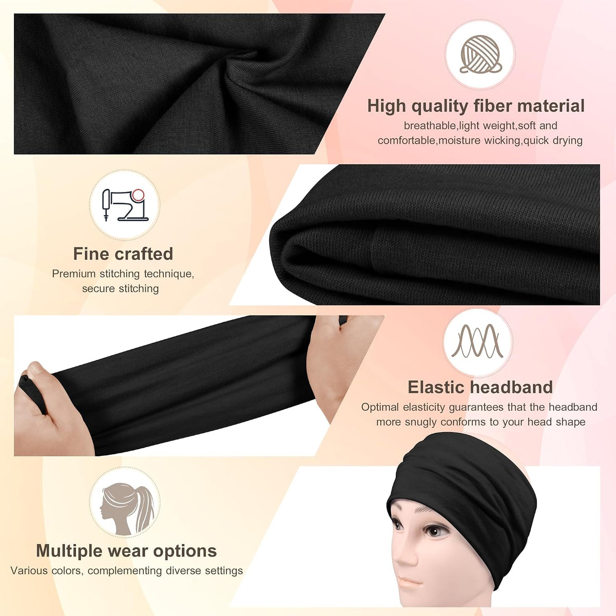 DiyJibb 7-Pack Wide Headbands for Women - Black Workout Headbands - Soft Elastic Cloth Sports Hair Bands Set