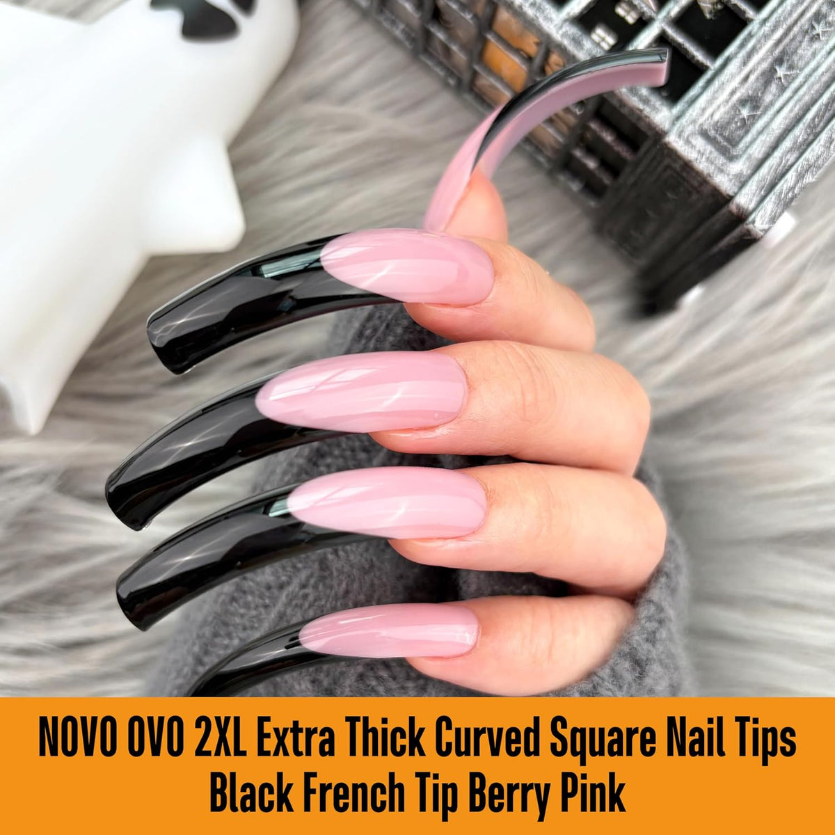 Novo Ovo Halloween Black French Tip Nail Tips - Xxl Curved Square Berry Pink Press On Nails, 144 Pcs Extra Thick Long Acrylic Fake Nails, 12 Sizes Full Cover Extension Kit