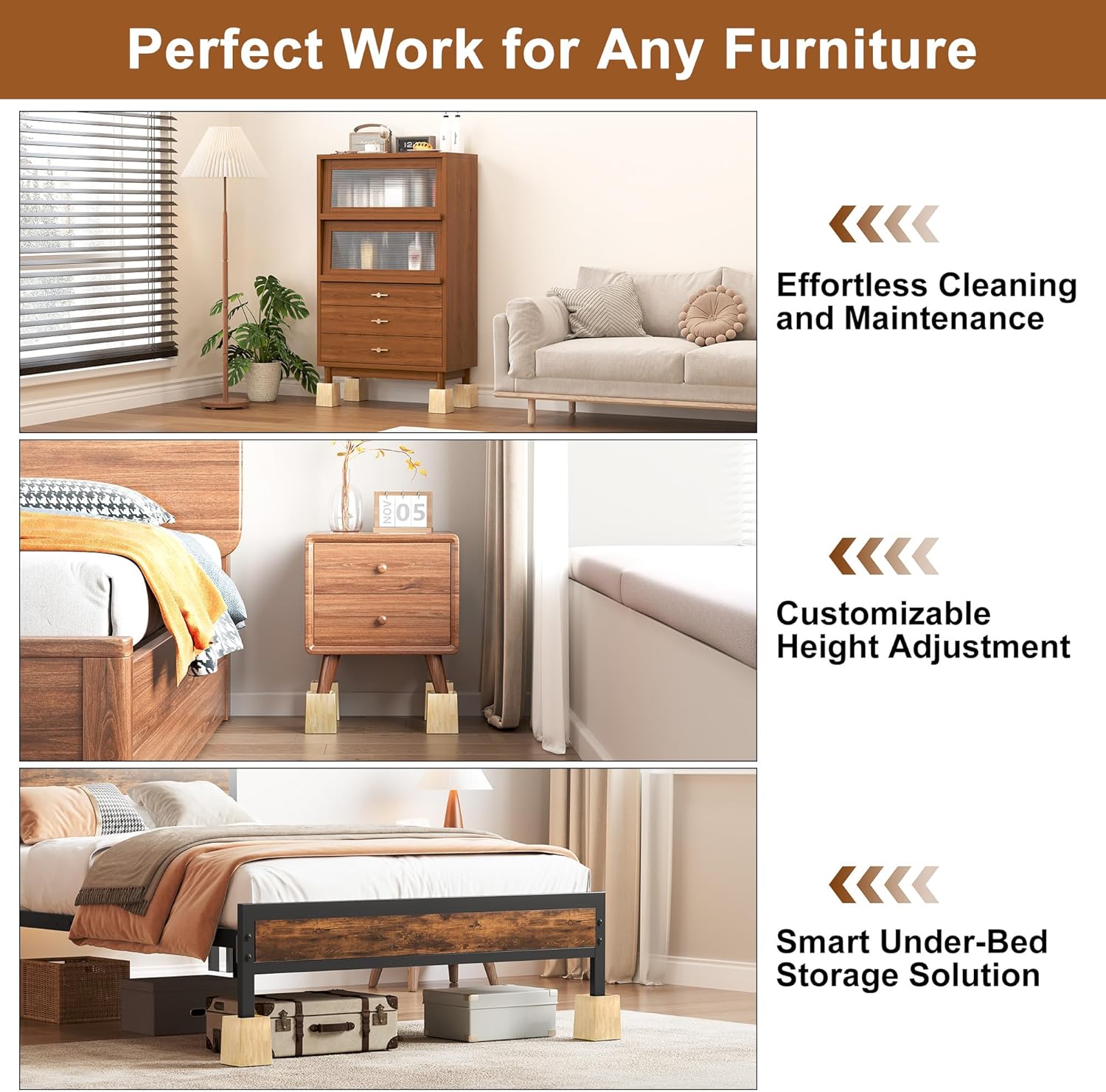 TQVAI Wood Bed Risers 5 Inch - Heavy Duty 4 Pack Furniture Risers Supports 2200 lbs - Solid Wood Table & Sofa Risers - Original Natural