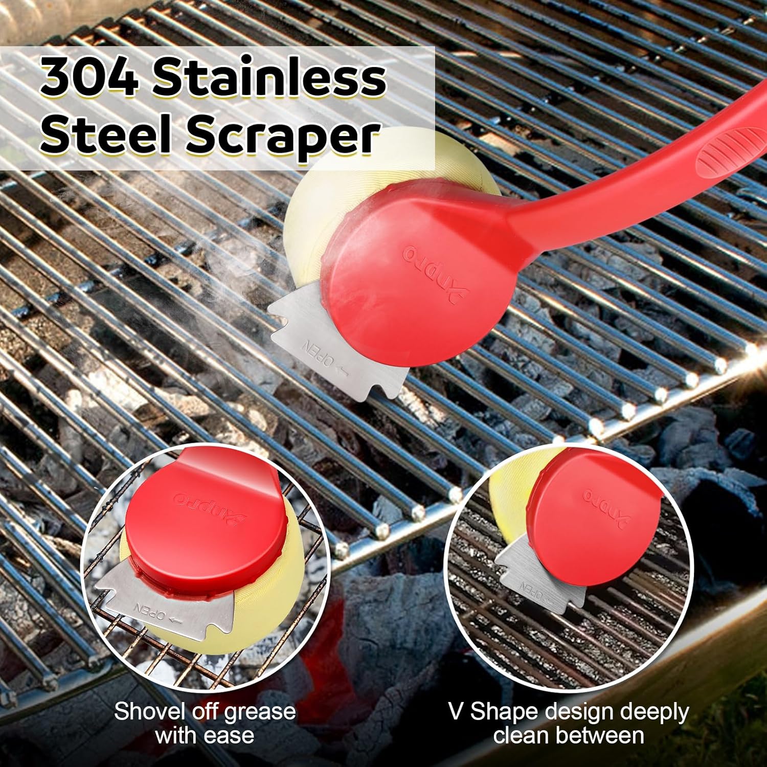Anpro bristle-free BBQ brush with 16.5-inch stainless steel handle, non-slip grip, designed for safe grill cleaning