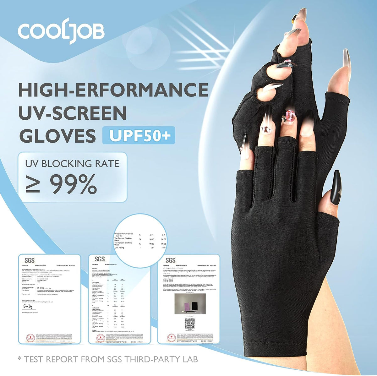 Black Cooljob UV protection gloves for gel nails, UPF50+ fingerless anti-UV gloves for manicure and nail lamp use, 1 pair