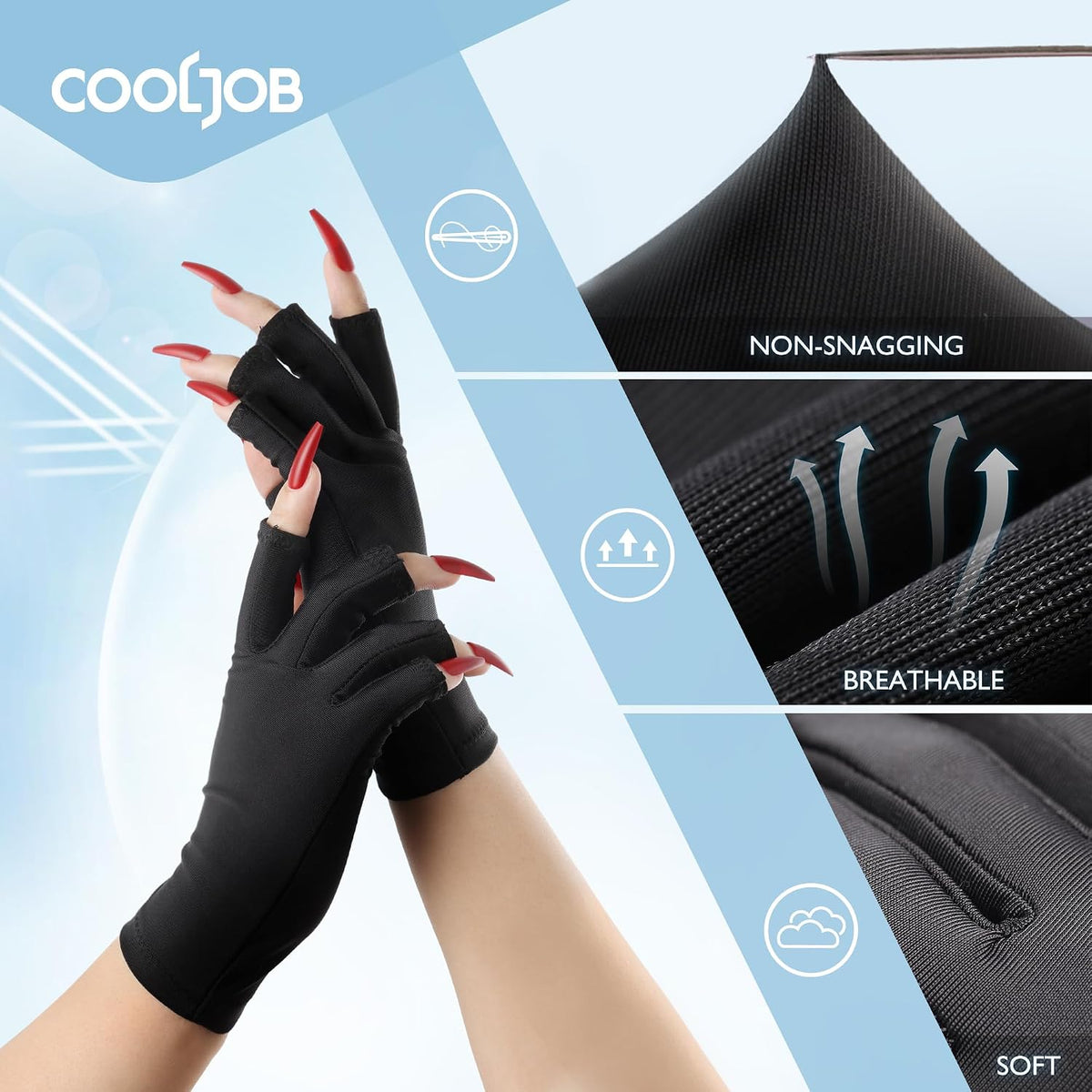 Black Cooljob UV protection gloves for gel nails, fingerless anti-UV gloves with UPF50+ for manicure and nail lamp use, 1 pair.