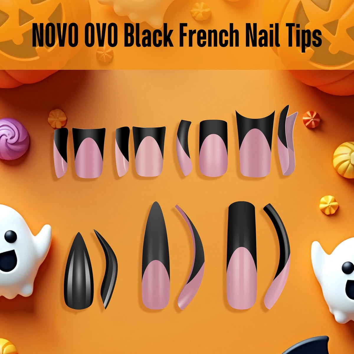Novo Ovo Halloween Black French Tip Nail Tips - Xxl Curved Square Berry Pink Press On Nails, 144 Pcs Extra Thick Long Acrylic Fake Nails, 12 Sizes Full Cover Extension Kit