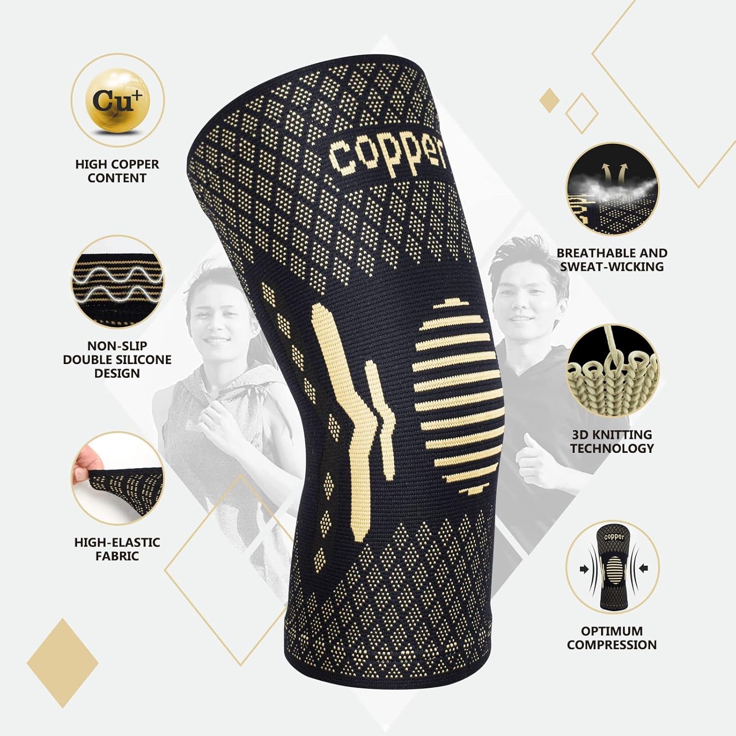 Lusenone Copper Knee Support 2-pack with compression sleeves for men and women, providing joint pain relief during sports and daily activities.