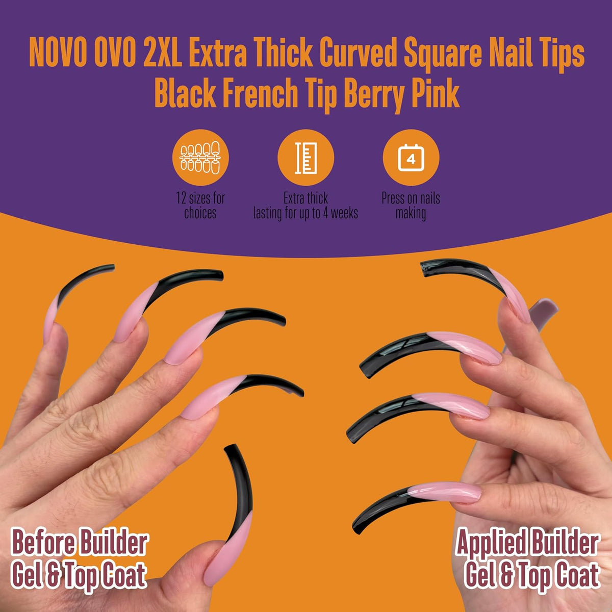Novo Ovo Halloween Black French Tip Nail Tips - Xxl Curved Square Berry Pink Press On Nails, 144 Pcs Extra Thick Long Acrylic Fake Nails, 12 Sizes Full Cover Extension Kit