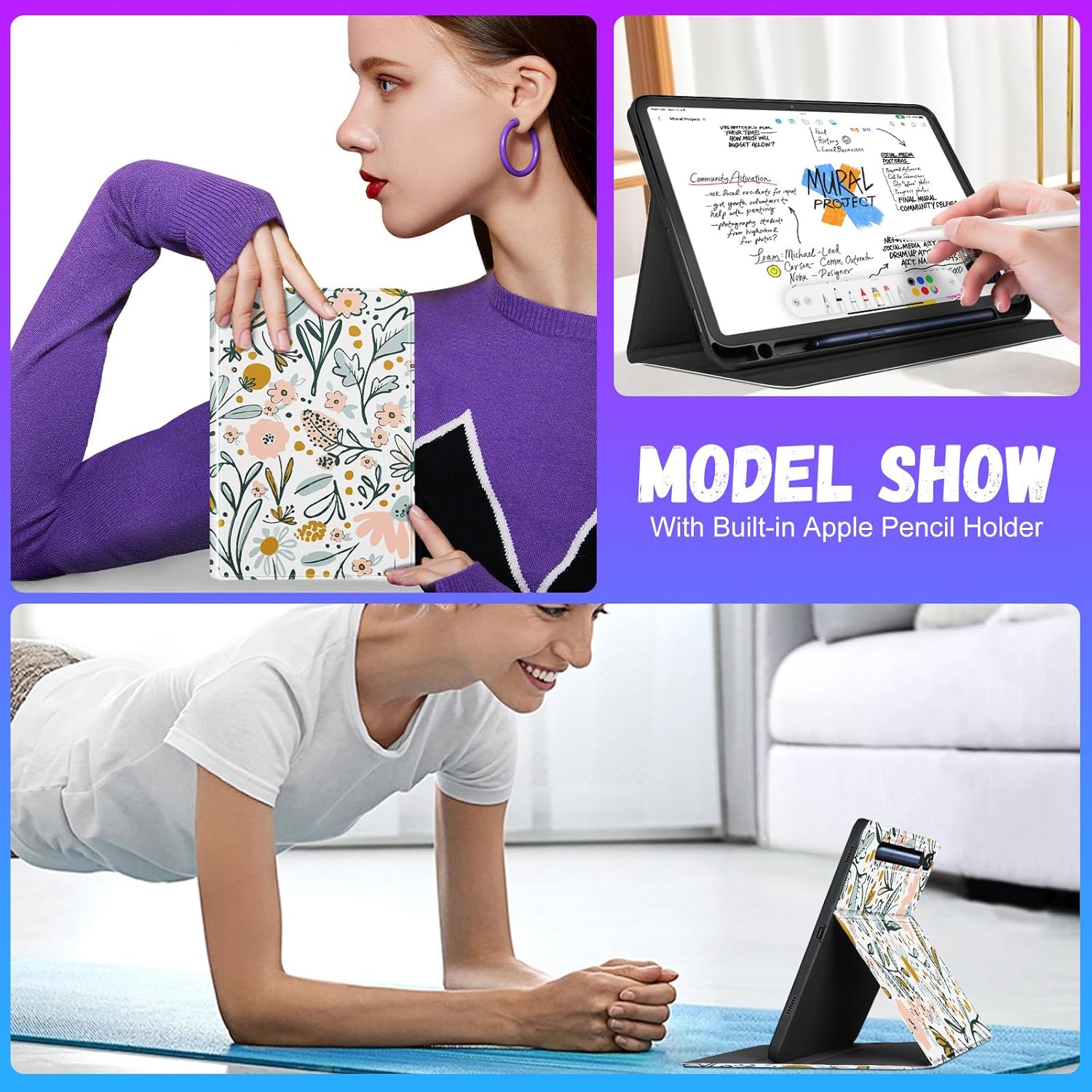 SurgeCraft Floral Fantasy Stand Case for Samsung Galaxy Tab S9 FE/S9/S10 FE - Auto Wake/Sleep Cover with Pencil Holder & Multi-Angle Stand (Kawaii Cute Flower Design) - Zeta Store