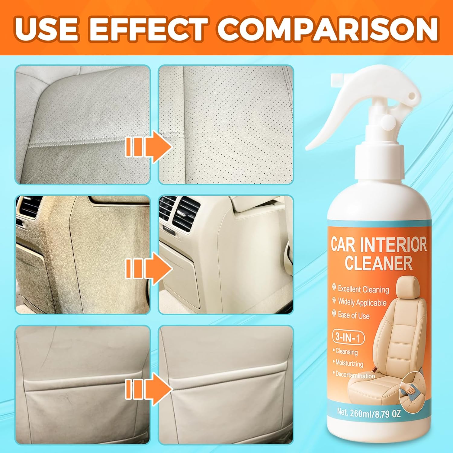 Halldeli 3-in-1 car interior cleaner spray for leather, plastic, and fabric surfaces, restoring shine with no-rinse formula.